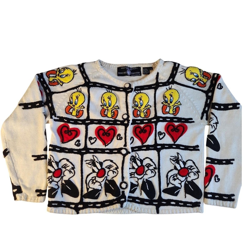 MICHAEL SIMON Warner Bros Cardigan Sweater Medium Loony Tunes Nostalgia VTG 1995